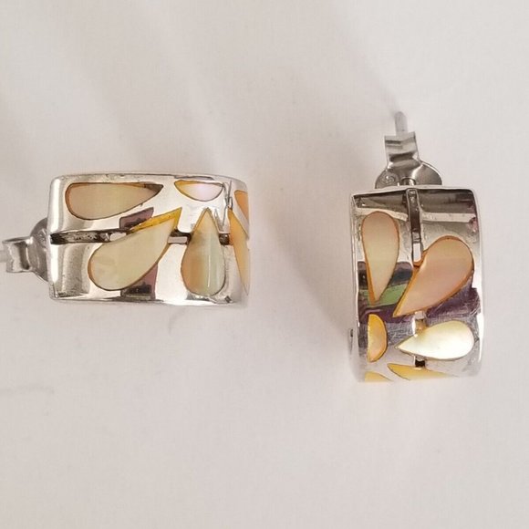 Yellow Mother of Pearl Inlay High Polish Sterling Silver Half Hoop Earrings - Picture 1 of 8